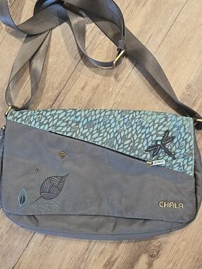 Chala Gray and Teal Dragonfly- Leaf-Print Crossbody Bag